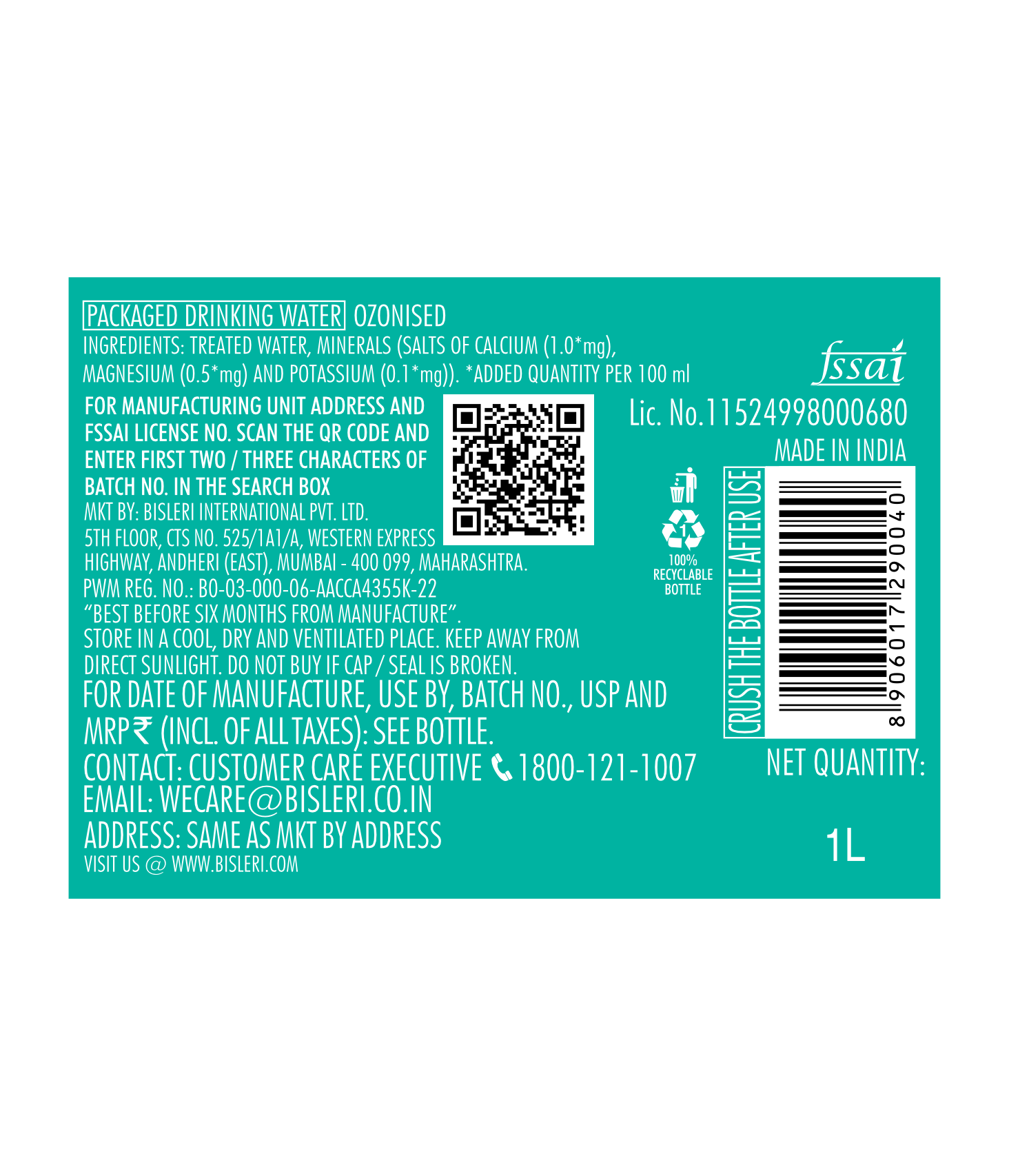 Bisleri 1 L Packaged Drinking Water back label